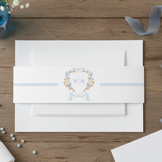 Elegant Dusty Blue Pastel Wildflower Crest Wedding Invitation Belly Band (Creator Uploaded)