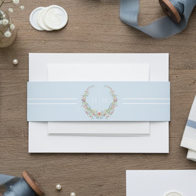 Elegant Dusty Blue Pastel Wildflower Crest Wedding Invitation Belly Band (Creator Uploaded)