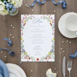 Elegant Dusty Blue Pastel Wildflower Crest Wedding Menu