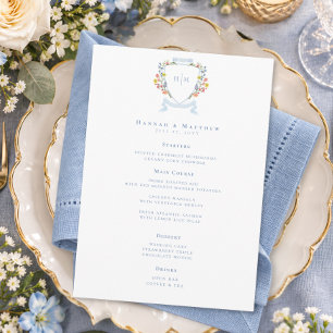 Elegant Dusty Blue Pastel Wildflower Crest Wedding Menu