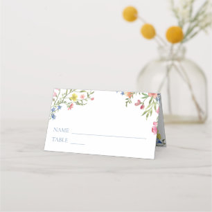 Elegant Dusty Blue Pastel Wildflower Crest Wedding Place Card