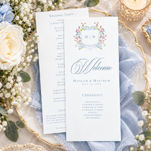 Elegant Dusty Blue Pastel Wildflower Crest Wedding Programme