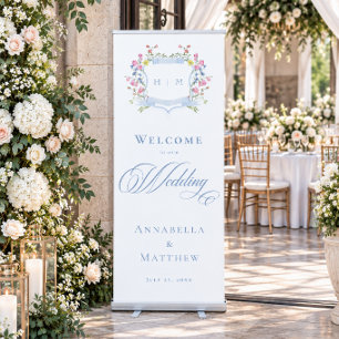 Elegant Dusty Blue Pastel Wildflower Crest Wedding Retractable Banner