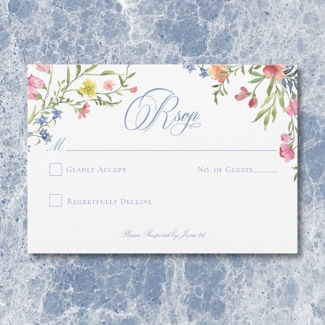 Elegant Dusty Blue Pastel Wildflower Crest Wedding RSVP Card (Elegant Dusty Blue Pastel Wildflower Crest Wedding RSVP Card)