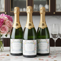 Elegant Dusty Blue Pastel Wildflower Crest Wedding Sparkling Wine Label