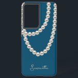 Elegant dusty blue Pearl necklace Samsung Galaxy Case<br><div class="desc">Elegant dusty blue Samsung Galaxy Case featuring a silver pearl necklace in watercolor. It’s very easy to customise,  with with your personal details.</div>