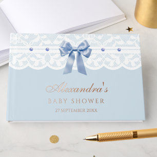 Elegant Dusty Blue Pearls Bow Lace Baby Shower Guest Book