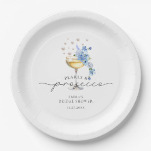 Elegant Dusty Blue Pearls & Prosecco Bridal Shower Paper Plate