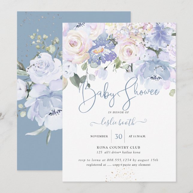 Elegant Dusty Blue Peonies Cream Roses Baby Shower Invitation (Front/Back)