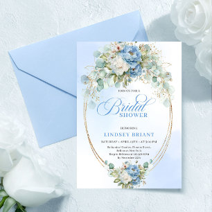 Elegant Dusty Blue Peonies Eucalyptus Gold Bridal  Invitation