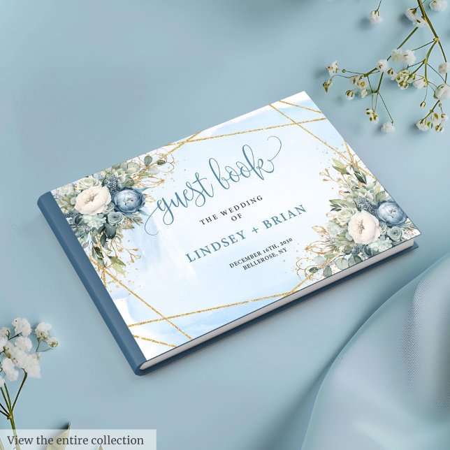 Elegant Dusty Blue Peonies Gold Wedding Guest Book (Elegant Dusty Blue White Gold Floral Guest Book)
