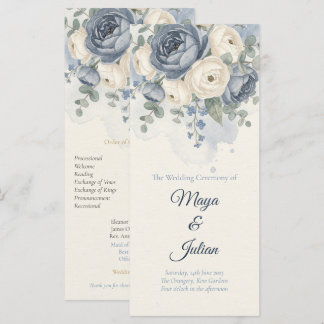 Elegant Dusty Blue Peony French Floral Wedding Programme