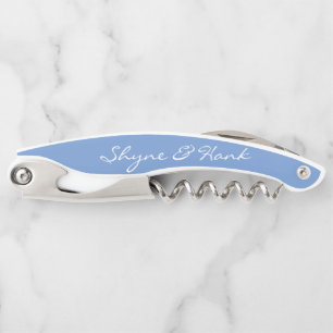 Elegant Dusty Blue Personalised Newlyweds Corkscrew
