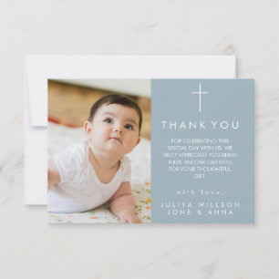 Elegant dusty blue Photo Baptism Thank You card