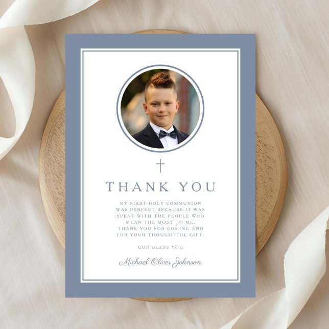 Elegant Dusty Blue Photo Boy First Communion Thank You Card (Elegant Dusty Blue Photo Boy First Communion Thank You Card
)