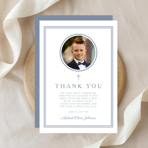 Elegant Dusty Blue Photo Boy First Holy Communion Thank You Card