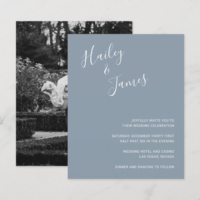 Elegant Dusty Blue Photo Budget Wedding Invite (Front/Back)
