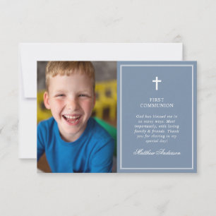 Elegant Dusty Blue Photo First Holy Communion Thank You Card