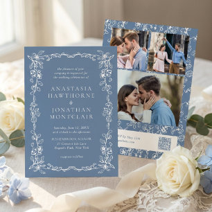 Elegant Dusty Blue Photo Vintage Wedding Invitation