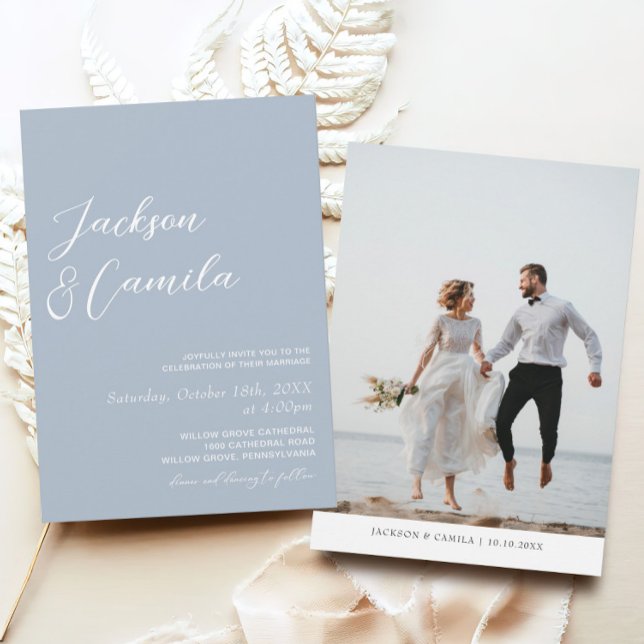Elegant Dusty Blue Photo Wedding  Invitation (Creator Uploaded)