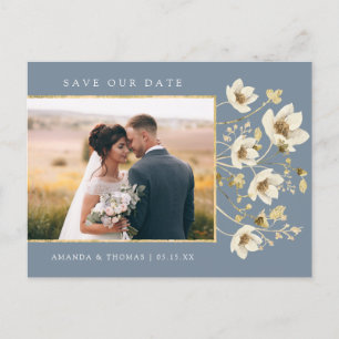 Elegant Dusty Blue Photo Wedding Save The Date Announcement Postcard