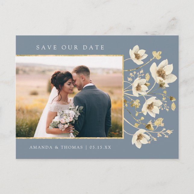 Elegant Dusty Blue Photo Wedding Save The Date Announcement Postcard (Front)