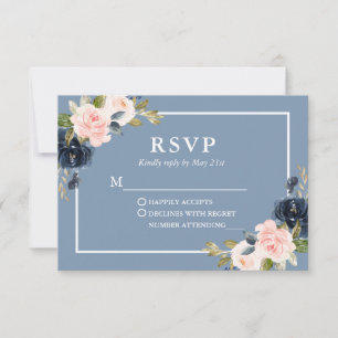 Elegant Dusty Blue Pink Blush Floral Wedding RSVP
