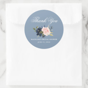 Elegant Dusty Blue Pink Floral Bridal Shower Classic Round Sticker