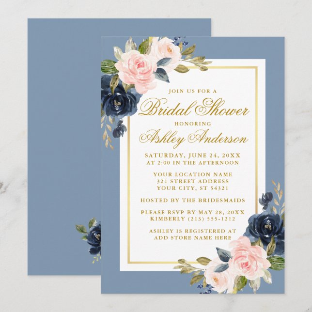 Elegant Dusty Blue Pink Floral Bridal Shower Gold Invitation (Front/Back)