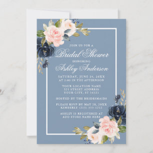 Elegant Dusty Blue Pink Floral Bridal Shower Invitation