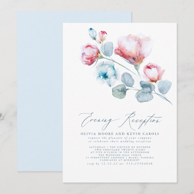 Elegant Dusty Blue Pink Floral Evening Reception Invitation (Front/Back)