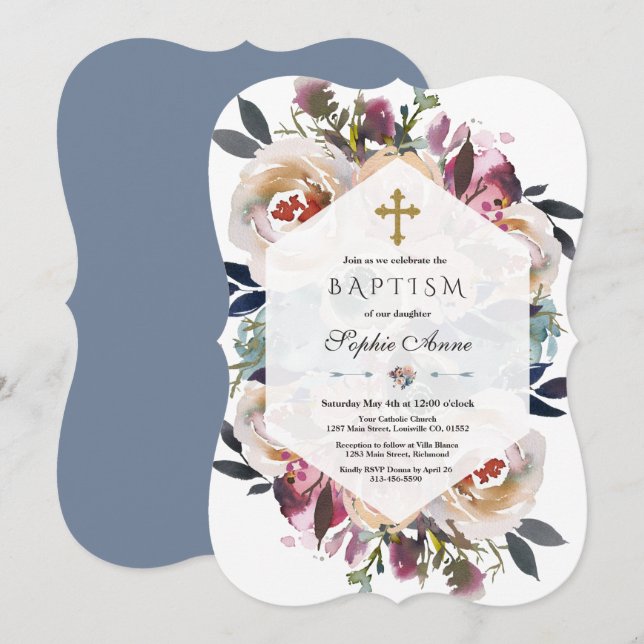 Elegant Dusty Blue Pink Floral Geometric Baptism Invitation (Front/Back)