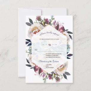 Elegant Dusty Blue Pink Floral Geometric Wedding RSVP Card