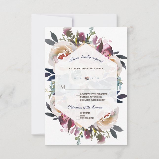 Elegant Dusty Blue Pink Floral Geometric Wedding RSVP Card (Front)