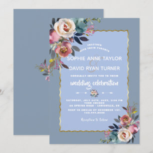 Elegant Dusty Blue Pink Floral Gold Frame Wedding Invitation