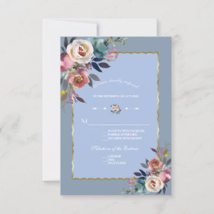Elegant Dusty Blue Pink Floral Gold Frame Wedding RSVP Card
