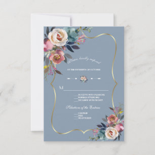 Elegant Dusty Blue Pink Floral Gold Wedding RSVP Card