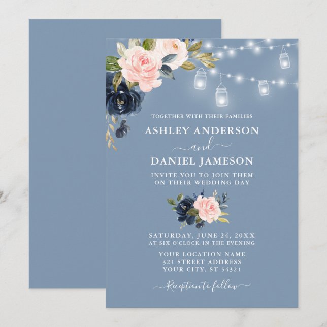 Elegant Dusty Blue Pink Floral Jar Lights Wedding Invitation (Front/Back)