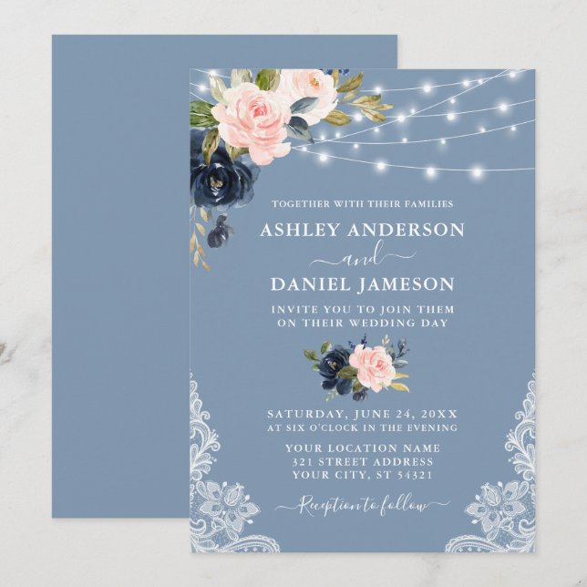 Elegant Dusty Blue Pink Floral Lights Lace Wedding Invitation (Front/Back)
