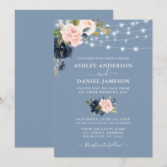 Elegant Dusty Blue Pink Floral Lights Wedding Invitation (Front/Back)