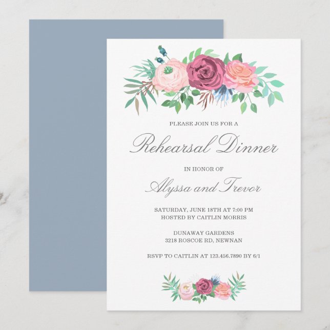 Elegant Dusty Blue Pink Floral Rehearsal Dinner Invitation (Front/Back)