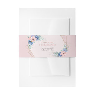 Elegant dusty blue pink watercolor floral gold   invitation belly band