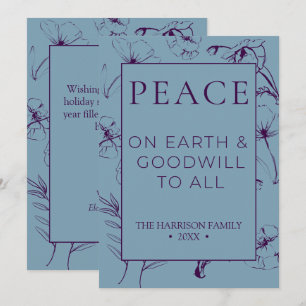 Elegant Dusty Blue & Plum Botanical Peace On Earth Holiday Card