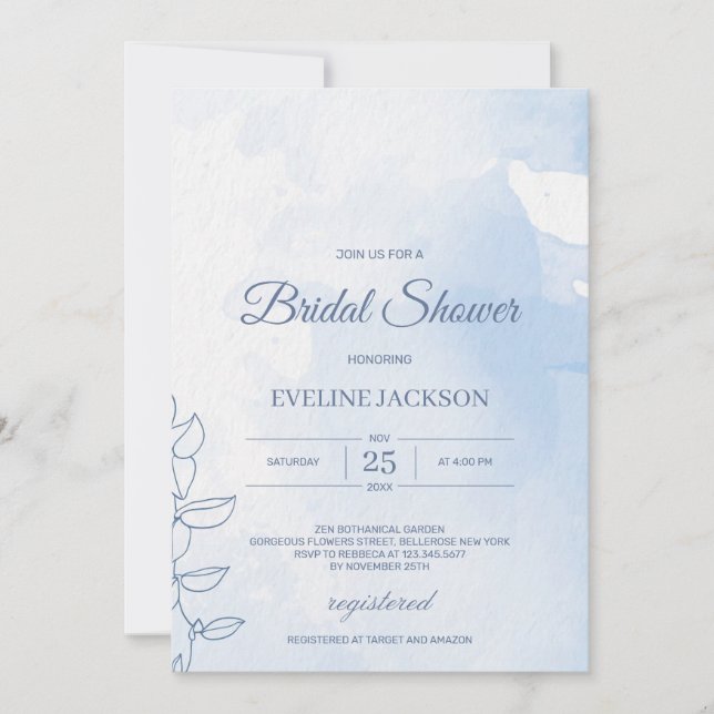Elegant dusty blue powder watercolor classic invitation (Front)