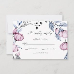 Elegant Dusty Blue Purple Bloom Wedding RSVP Card