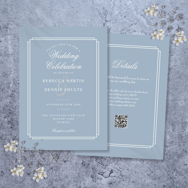 Elegant Dusty Blue QR Code Art Deco Wedding Invitation (Elegant Dusty Blue QR Code Art Deco Wedding Invitation)