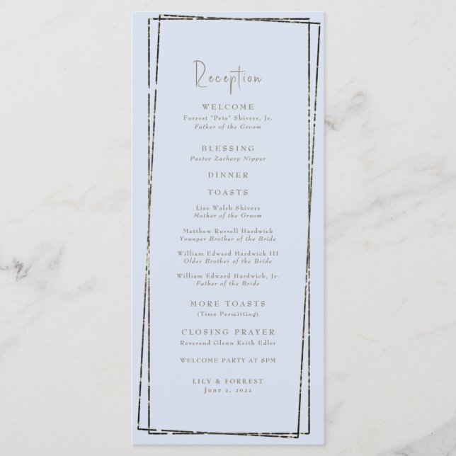 Elegant Dusty Blue Reception Wedding Program Menu (Front)