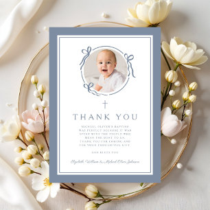 Elegant Dusty Blue Religious Baptism Photo Thank You Card