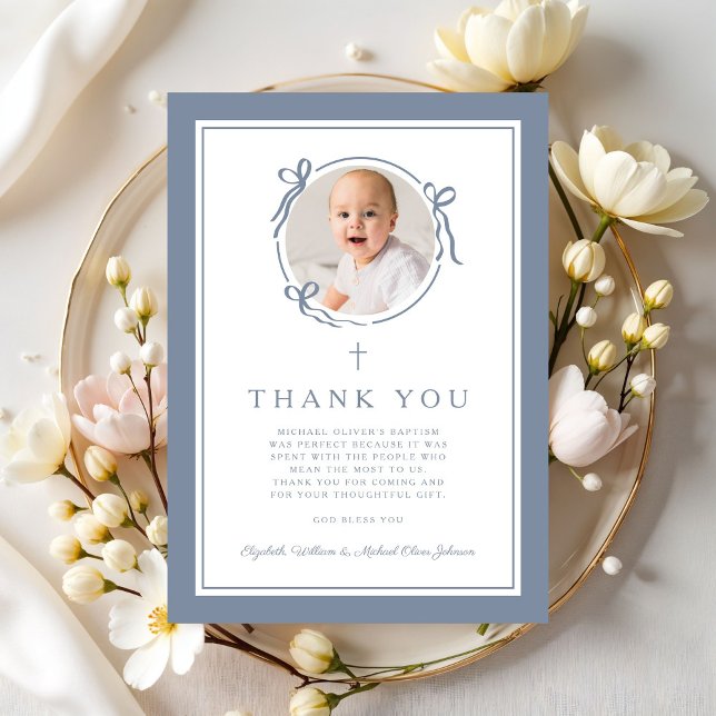 Elegant Dusty Blue Religious Baptism Photo Thank You Card (Elegant Dusty Blue Religious Baptism Photo Thank You Card)