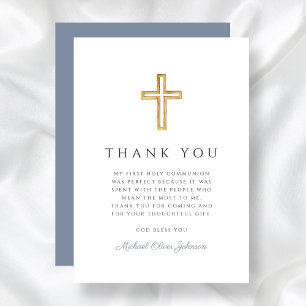 Elegant Dusty Blue Religious Boy First Communion Thank You Card